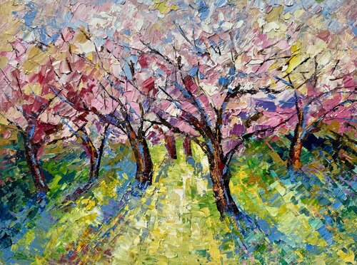 Cherry Blossom Sakura in Bloom Original Impasto Oil Painting von Nataliya Rozhdestvenskaya, Malerei kaufen auf Singulart