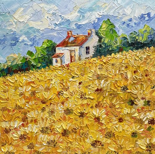 “Sunlit Cottage in Bloom”  Original Oil Painting of a Sunflower Field Landscape by Nataliya Rozhdestvenskaya, Painting for Sale on Singulart