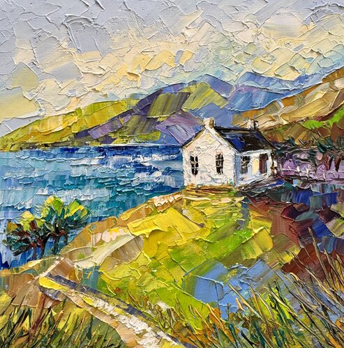 Irish Landscape Oil Painting 8x8 Textured Palette Knife Art of Coastal Cottage Green Hills & Sea Original Small Impressionist Wall Art by Nataliya Rozhdestvenskaya, Painting for Sale on Singulart