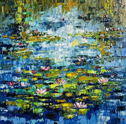 Water Lily Painting Original Oil Artwork  Water Lilies in the Lake Flowers Painting von Nataliya Rozhdestvenskaya, Malerei kaufen auf Singulart