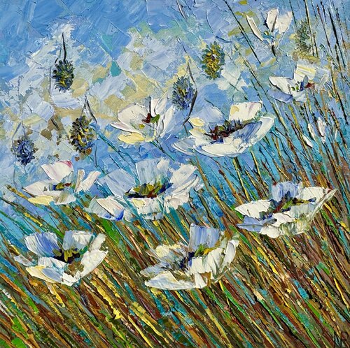 White Poppies Original Oil Artwork Poppies Impasto Painting Field of White Poppies Painting Flower Field Wall Art by Nataliya Rozhdestvenskaya, 油畫 for Sale on Singulart