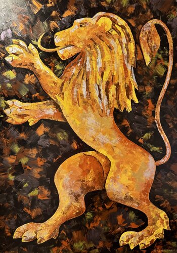 Lion Original Painting 100/70 Heraldic charge-inspired par Nataliya Rozhdestvenskaya, Peinture en vente sur Singulart