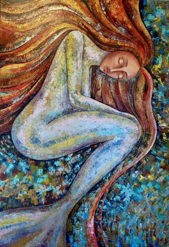 Mermaid Painting Original Artwork Redhead Girl in the Ocean di Nataliya Rozhdestvenskaya, Pittura in vendita su Singulart
