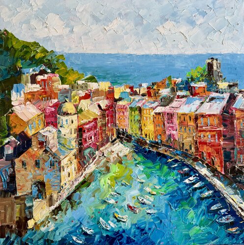 Cinque Terre Italy Impasto Oil Painting von Nataliya Rozhdestvenskaya, Malerei kaufen auf Singulart