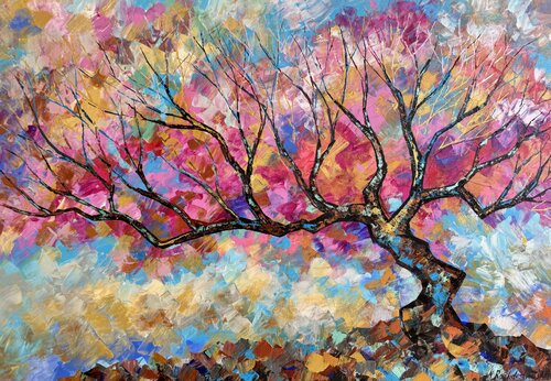 Cherry Blossoms Artwork Original  Painting Bright Landscape  Wall Art van Nataliya Rozhdestvenskaya, Schilderij te koop op Singulart