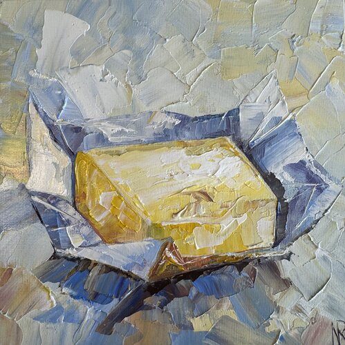Still life Irische Butter Original Impasto Oil Painting par Nataliya Rozhdestvenskaya, Peinture en vente sur Singulart