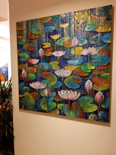 Water Lily Painting Original Artwork 120x90 Water Lilies in the Lake Flowers Painting by Nataliya Rozhdestvenskaya, Painting for Sale on Singulart