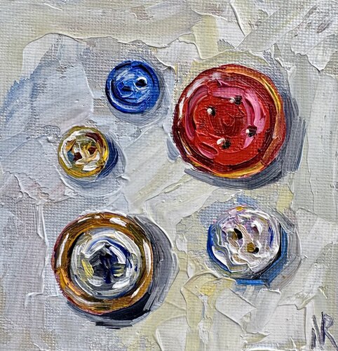 Buttons Original Impasto Oil Painting van Nataliya Rozhdestvenskaya, Schilderij te koop op Singulart