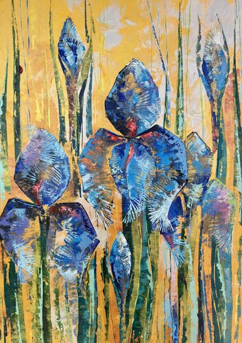Irises on the Golden Original Painting von Nataliya Rozhdestvenskaya, Malerei kaufen auf Singulart