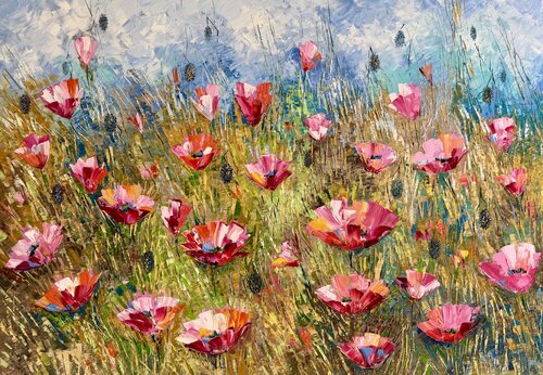 Poppy Field Original Oil Impasto Painting Flower Field by Nataliya Rozhdestvenskaya, Painting for Sale on Singulart