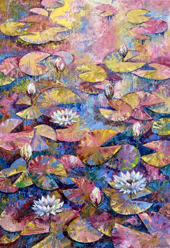 Lily Painting Original Artwork 100x70 Flower Oil Painting Botanical Art Floral Impasto Lake with Lilies Water lily by Nataliya Rozhdestvenskaya, Painting for Sale on Singulart