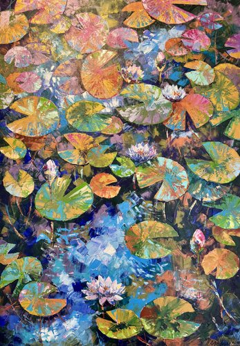Lily Painting Original Artwork 100x70 Flower Painting Botanical Art Floral Lake with Lilies Water lily by Nataliya Rozhdestvenskaya, Painting for Sale on Singulart