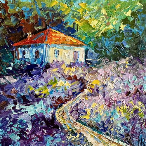 Rural Landscape Oil Painting Textured Palette Knife Art of Coastal Cottage Green Hills & Sea Original Small Impressionist Wall Art van Nataliya Rozhdestvenskaya, Schilderij te koop op Singulart