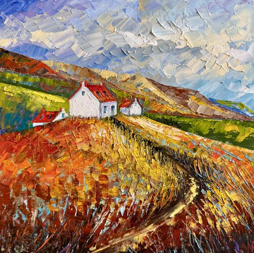 Irish Landscape Oil Painting Textured Palette Knife Art of Coastal Cottage Green Hills & Sea Original Small Impressionist Wall Art by Nataliya Rozhdestvenskaya, Painting for Sale on Singulart