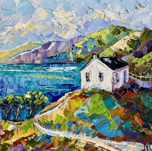 Irish Landscape Oil Painting 8x8 Textured Palette Knife Art of Coastal Cottage Green Hills & Sea Original Small Impressionist Wall Art by Nataliya Rozhdestvenskaya, Painting for Sale on Singulart