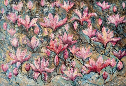 Petals of Expectation Original Painting 100x70 Magnolia Textured Modern Large Art di Nataliya Rozhdestvenskaya, Pittura in vendita su Singulart