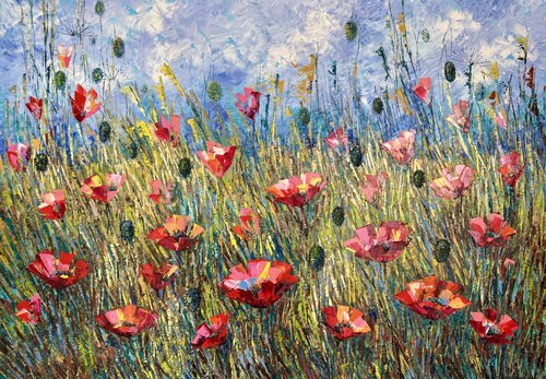 Poppy Field Original Oil Impasto Painting Flower Field von Nataliya Rozhdestvenskaya, Malerei kaufen auf Singulart