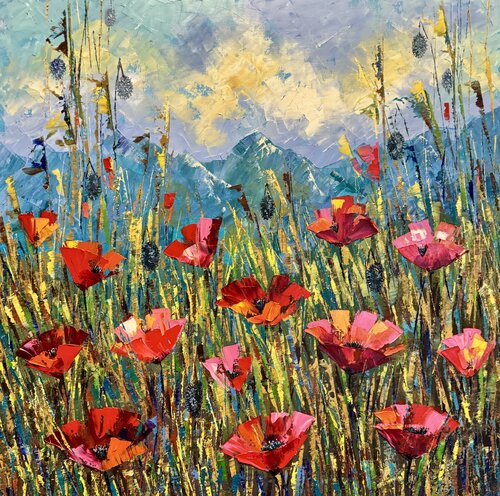 Poppy Field Original Oil Impasto Painting Flower Field Nataliya Rozhdestvenskaya