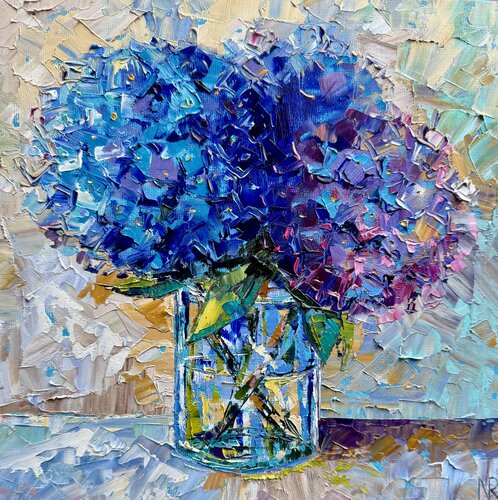 Blue Hydrangea Oil Painting von Nataliya Rozhdestvenskaya, Malerei kaufen auf Singulart
