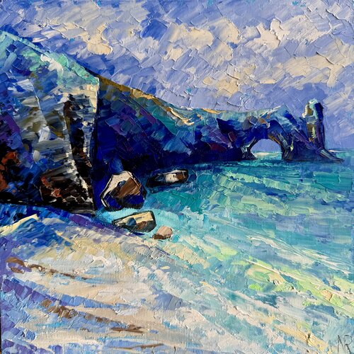 Turquoise Cove Original Impasto Oil Painting von Nataliya Rozhdestvenskaya, Malerei kaufen auf Singulart