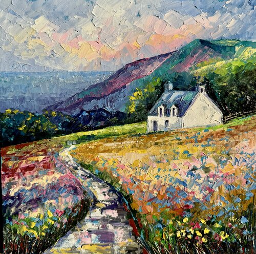 Irish Landscape Oil Painting  Textured Palette Knife Art of Coastal Cottage Green Hills & Sea Original Small Impressionist Wall Art di Nataliya Rozhdestvenskaya, Pittura in vendita su Singulart