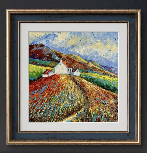 Irish Landscape Oil Painting Textured Palette Knife Art of Coastal Cottage Green Hills & Sea Original Small Impressionist Wall Art von Nataliya Rozhdestvenskaya, Malerei kaufen auf Singulart