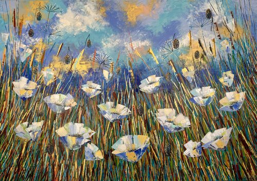 Where Poppies Touch the Sky Original Painting 100/70 di Nataliya Rozhdestvenskaya, Pittura in vendita su Singulart