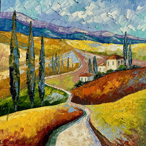 Tuscan Landscape Oil Painting  Italian Hills with Cypress Trees Textured Palette Knife Art Impressionist Wall Art van Nataliya Rozhdestvenskaya, Schilderij te koop op Singulart