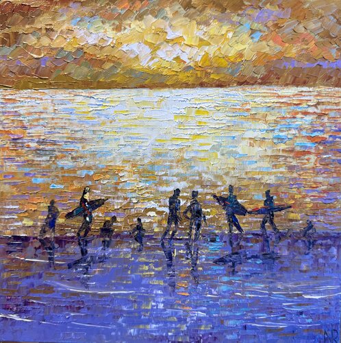 Sunset Surfers Landscape Oil Painting  Textured Palette Knife Art Impressionist Wall Art Nataliya Rozhdestvenskaya