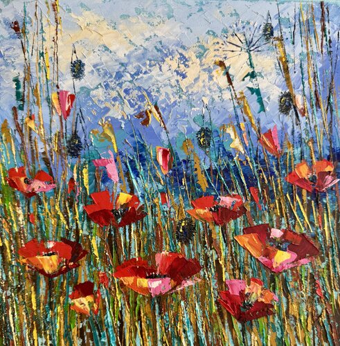 Poppies Original Oil Impasto Painting Flower Field di Nataliya Rozhdestvenskaya, Pittura in vendita su Singulart