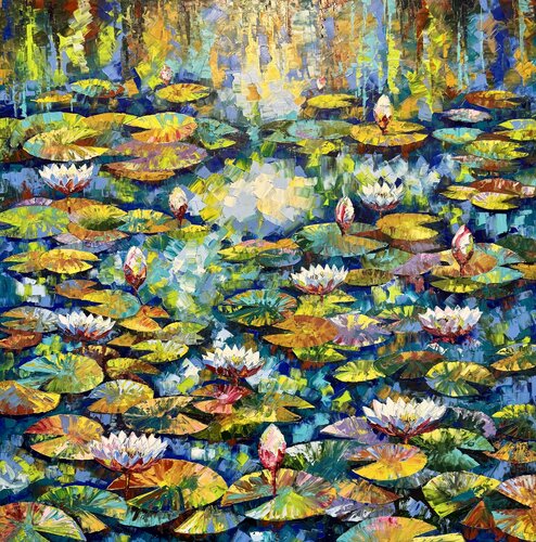 Water Lily Painting Original Impasto Oil Artwork 100/100 Water Lilies in the Lake Flowers Painting di Nataliya Rozhdestvenskaya, Pittura in vendita su Singulart