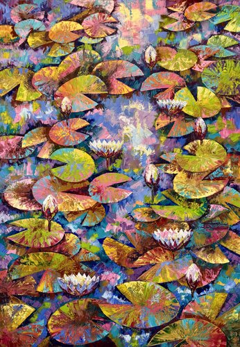 Water Lily Painting Original Impasto Oil Artwork 100/70 Water Lilies in the Lake Flowers Painting by Nataliya Rozhdestvenskaya, Painting for Sale on Singulart