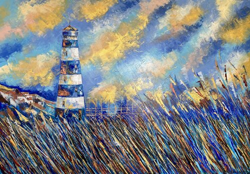 Lighthouse Painting Original Artwork 100/70 Coastline Sea Seascape Large Modern Art by Nataliya Rozhdestvenskaya, Painting for Sale on Singulart