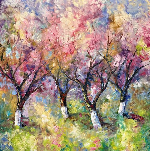 Cherry Orchard Impasto Oil Painting 100/100 Tree Blossoms von Nataliya Rozhdestvenskaya, Malerei kaufen auf Singulart