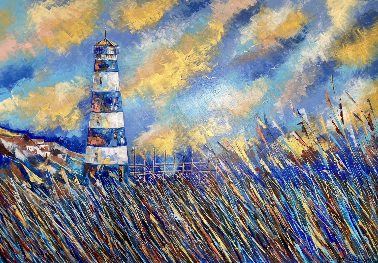 Lighthouse Painting Original Artwork 100/70 Coastline Sea Seascape Large Modern Art Nataliya Rozhdestvenskaya Peinture originale à vendre