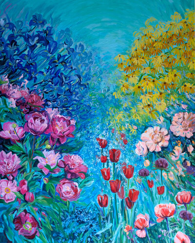 Beautiful flowers in the garden di Jana Magdova, Pittura in vendita su Singulart