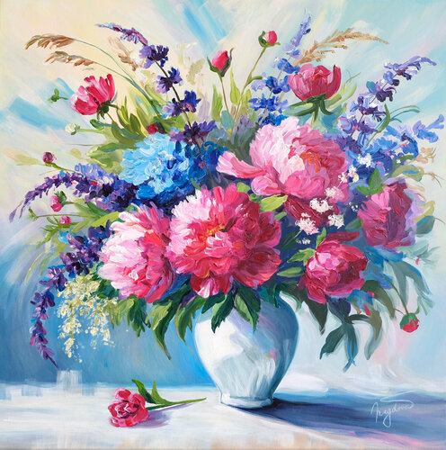 Lovely magenta paeonies van Jana Magdova, Schilderij te koop op Singulart
