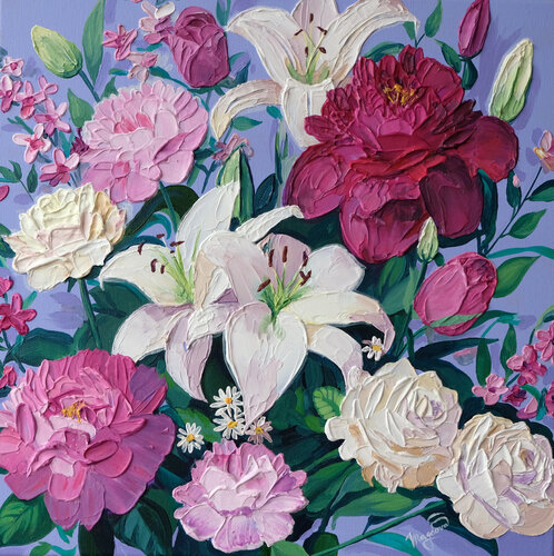 Lilies, Peonies, and Roses: A Floral Medley van Jana Magdova, Schilderij te koop op Singulart