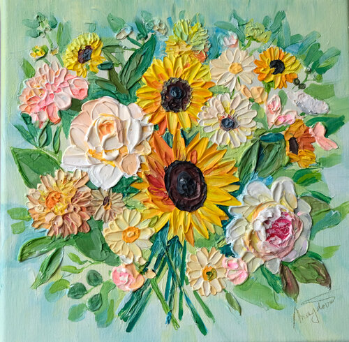 Sunflowers and roses in bloom van Jana Magdova, Schilderij te koop op Singulart