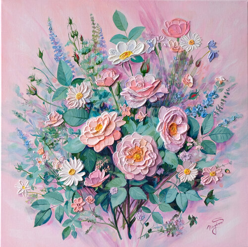 Vibrant blooming of damascene roses di Jana Magdova, Pittura in vendita su Singulart