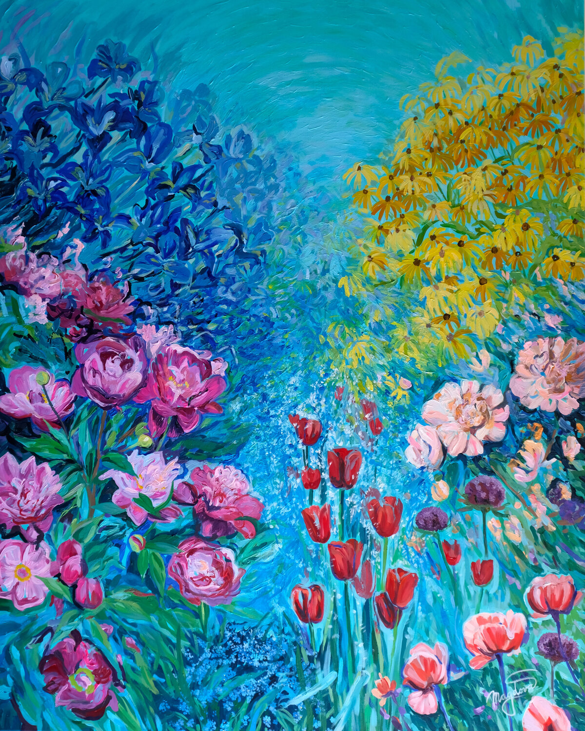 Beautiful flowers in the garden by Jana Magdova (2024) : Painting Acrylic,  Oil Pastel on Canvas - Singulart, image size:1200x1500