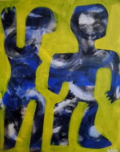 Women and men in yellow background di Stefanos Folinas, Pittura in vendita su Singulart