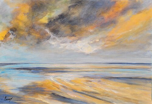 "Gris, oranges,et la mer" by Laurence Moretto, 油畫 for Sale on Singulart