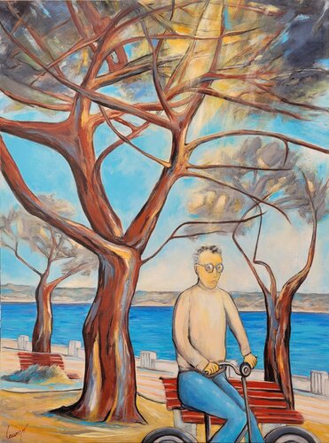 "Vélocipédiste en bord de mer" di Laurence Moretto, Pittura in vendita su Singulart