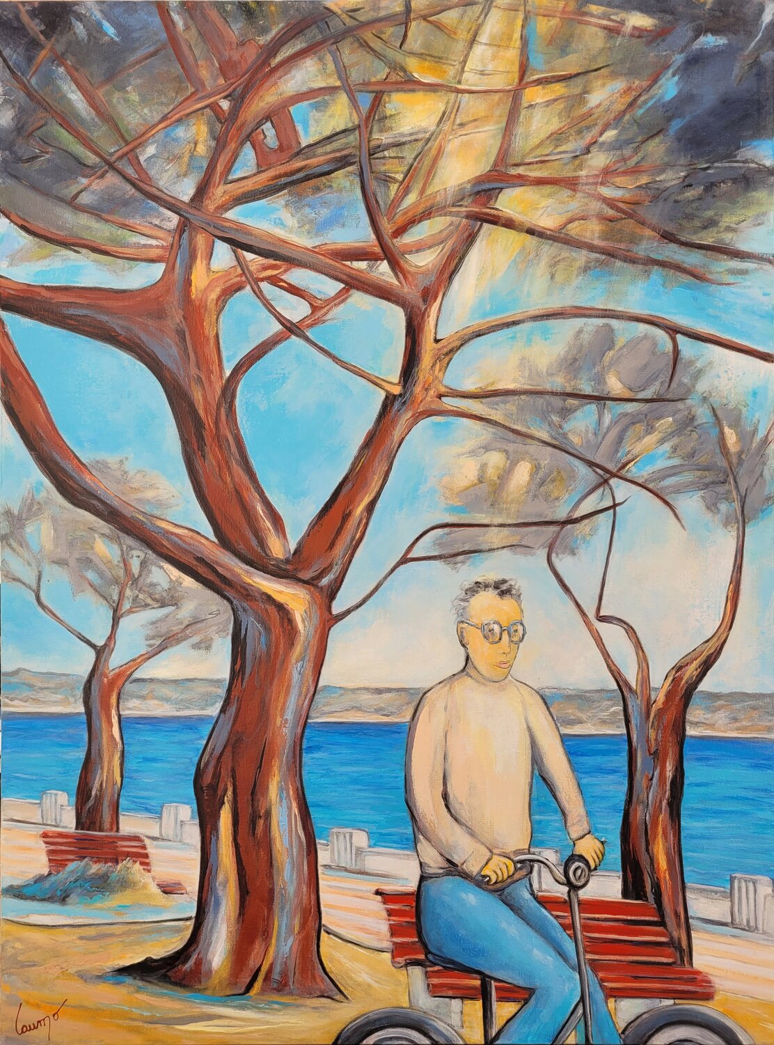 "Vélocipédiste en bord de mer" Laurence Moretto Originalgemälde zu verkaufen