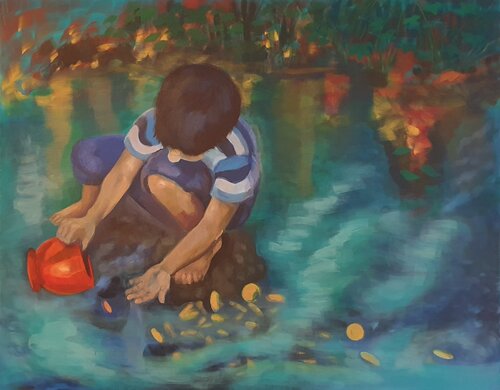 Child, playing with water de Sarah Hamm, Pintura a la venta en Singulart