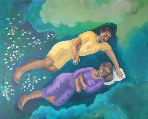 Yellow and violet against a green background von Sarah Hamm, Malerei kaufen auf Singulart