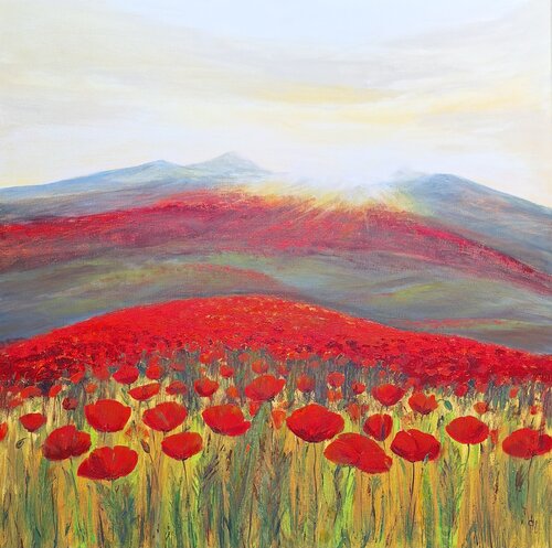 Landschaft mit Mohnblumenfeldern di Henriette Lorkowski, Pittura in vendita su Singulart