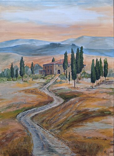 Toscanalandschaft, Haus mit Zypressen van Henriette Lorkowski, Schilderij te koop op Singulart