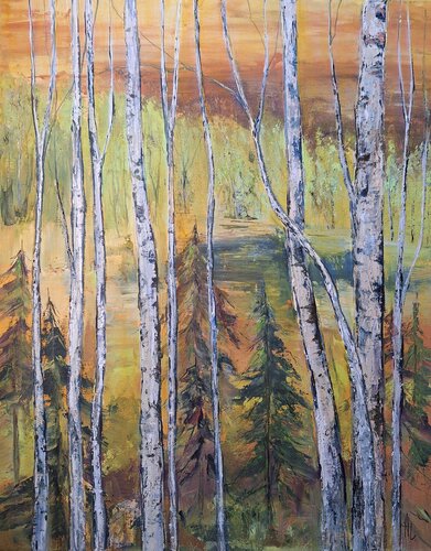 Abendlicht im Wald von Henriette Lorkowski, Malerei kaufen auf Singulart